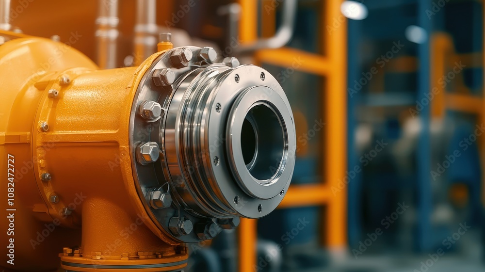 Close-up of a turbocharger system. Close-Up of Industrial Pump Component Featuring Metal Flange and Bright Orange Powder Coating in Modern Equipment Setup for Manufacturing and Processing Industries