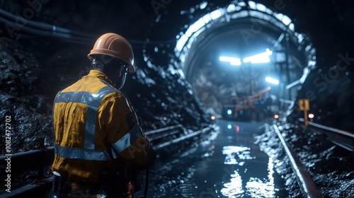 A miner in full gear stands at the entrance of a dark, narrow tunnel, illuminated by blue LED lights, symbolizing the challenging and dangerous nature of mining work.