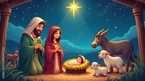 Christmas nativity scene of the born baby Jesus Christ in the manger with Joseph and Mary Illustration  photo