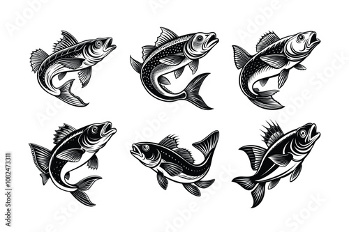 cod fish design, labeled linocut vector silhouette illustration.