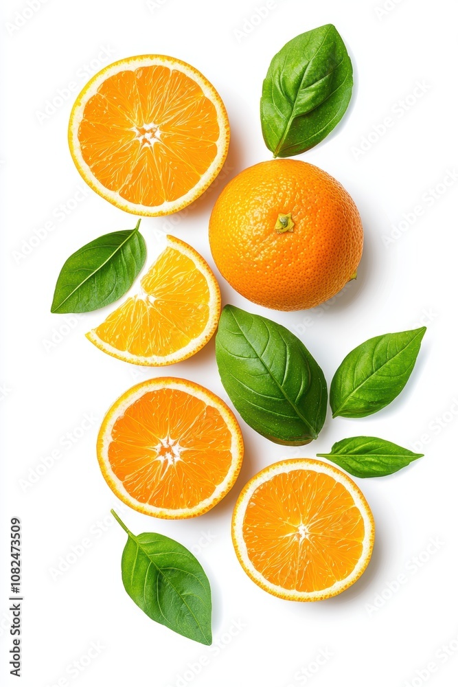 Fresh and Juicy Oranges with Green Basil Leaves on a White Background, Perfect for Health, Cooking, or Food Photography Projects Fresh and Juicy Oranges with Green Basil Leaves on a White Background, Perfect for Health, Cooking, or Food Photography Projects