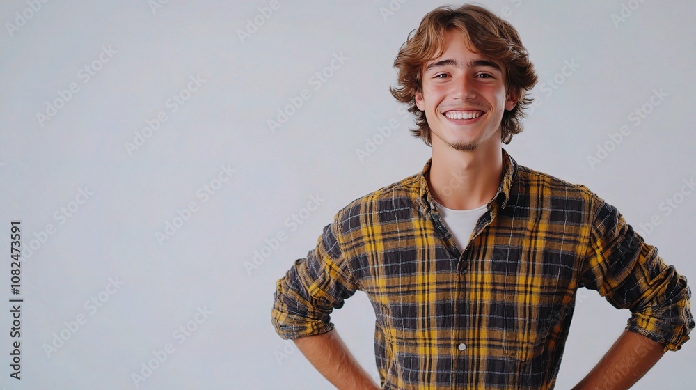 Smiling Young Man Standing Confidently with Hands on Hips in Front of White Background, Exuding Positivity and Joyful Energy for Stock Photography Usage Smiling Young Man Standing Confidently with Hands on Hips in Front of White Background, Exuding Positivity and Joyful Energy for Stock Photography Usage