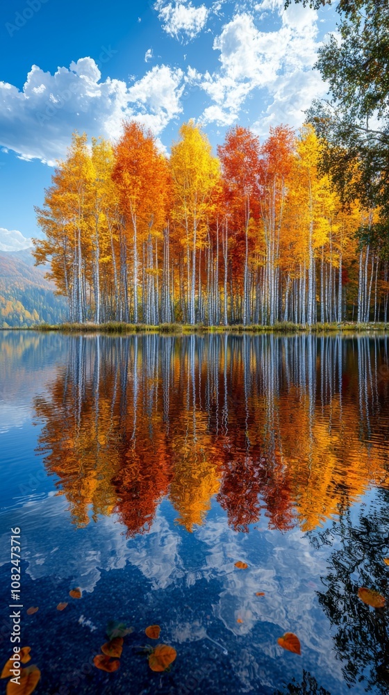 Obraz premium Colorful trees by the lake under blue sky and white clouds