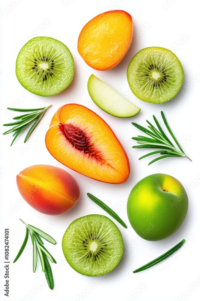 Fototapeta premium Fresh and Vibrant Assortment of Fruits and Herbs Displayed on a Bright Background with Peach, Kiwi, Apple, and Rosemary Arranged Artistically for Culinary Inspiration