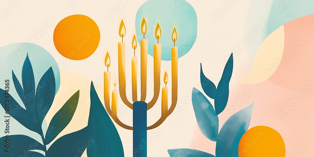 Minimalist Blue and Gold Menorah: An elegant Hanukkah illustration with glowing candles Minimalist Blue and Gold Menorah: An elegant Hanukkah illustration with glowing candles