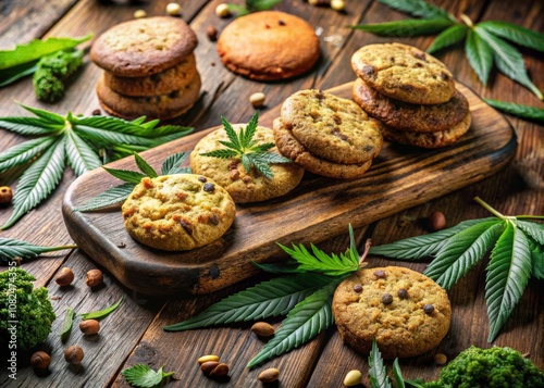 Creative Fusion of Infused Cannabis Cookies with Fresh Herbal Leaves and Natural Ingredients on Wooden Table Setting