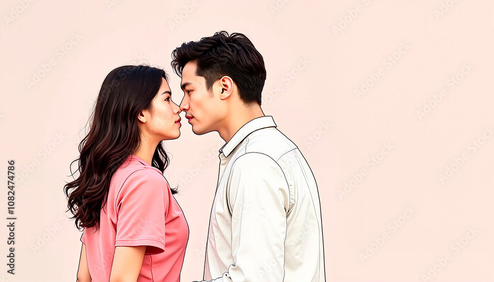 Young couple, romantic mood, sharing a tender moment, on neutral background Young couple, romantic mood, sharing a tender moment, on neutral background