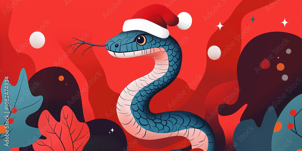 Illustration of a cute snake wearing a santa hat on a red background with colorful leaves. Symbol of 2025. New Year banner. Illustration of a cute snake wearing a santa hat on a red background with colorful leaves. Symbol of 2025. New Year banner.