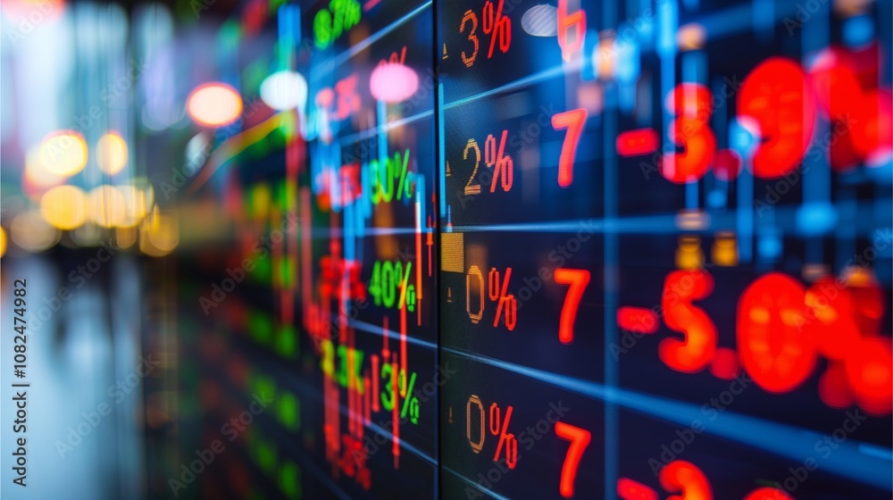 Financial Market Fluctuations: A close-up of a stock ticker, showcasing the dynamic and unpredictable nature of the financial market. The red and green numbers fluctuate.