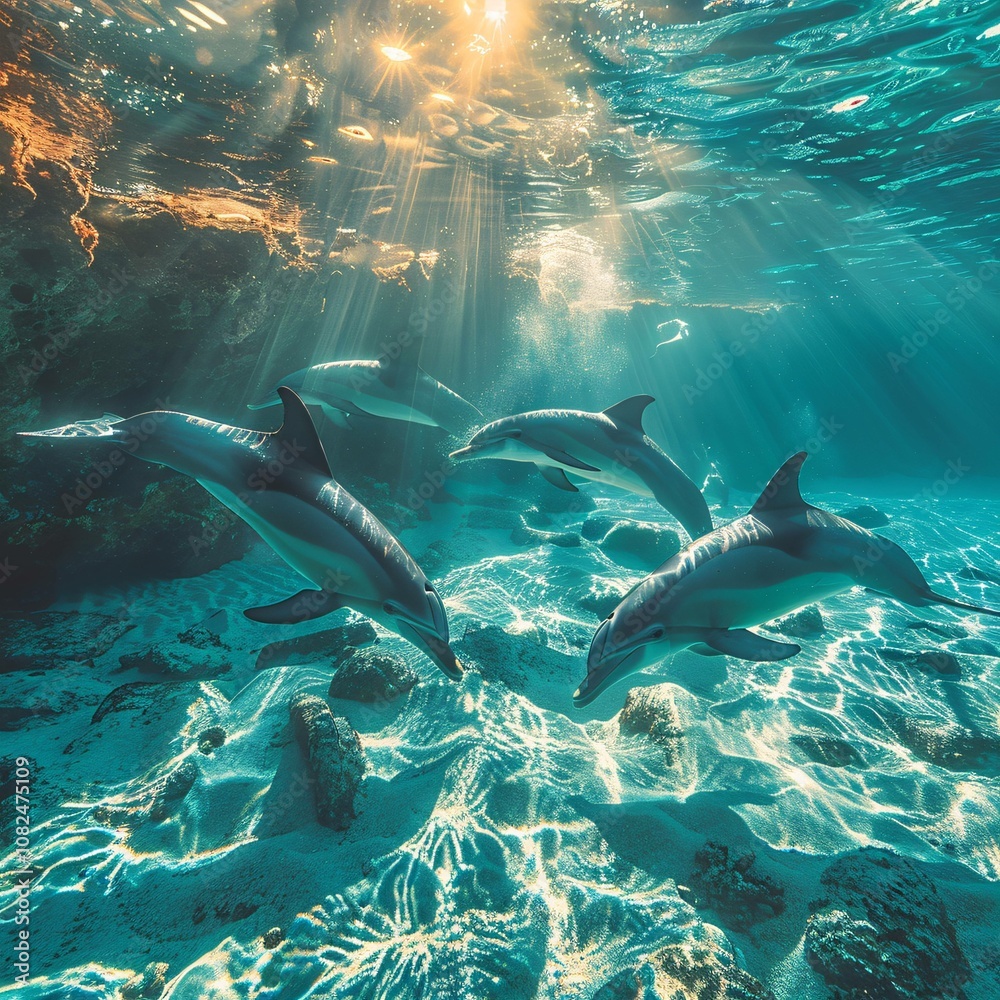 Naklejka premium Sunlight and dolphins in crystal-clear ocean waters