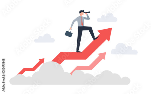 Businessman climbing growth chart with binoculars, symbolizing success and ambition. upward arrows represent progress and opportunity in competitive market