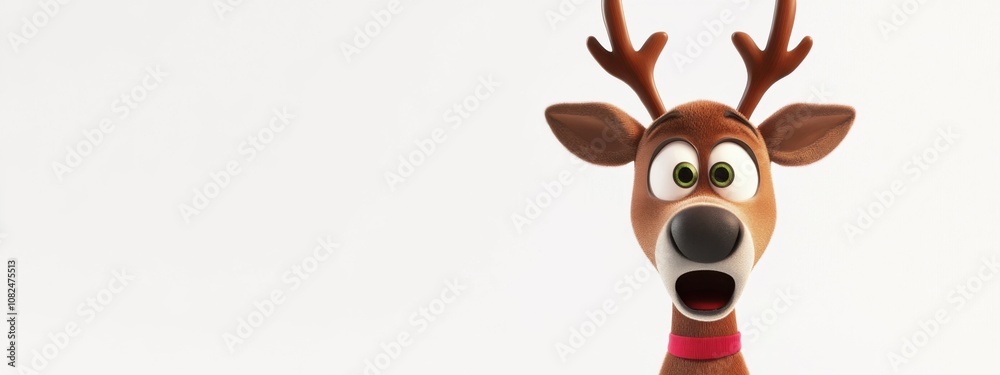 A surprised cartoon reindeer looks curiously at the viewer against a plain background