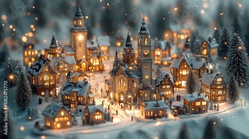 A miniature winter village with twinkling lights and snow falling softly. The quaint houses and tall church steeple create a festive atmosphere.