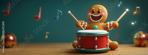 A cheerful gingerbread character joyfully drumming in a festive setting filled with musical notes photo