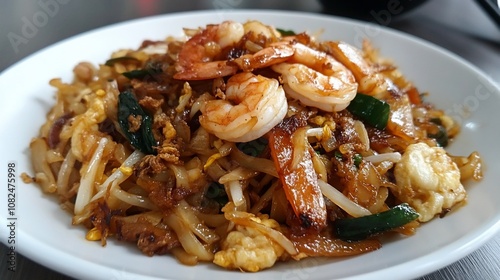 A plate of stir-fried flat rice noodles with shrimp, egg, and vegetables.