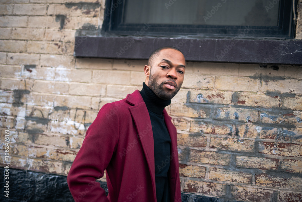 Obraz premium Fashion portrait of black man in city in modern spring or fall season outfit.