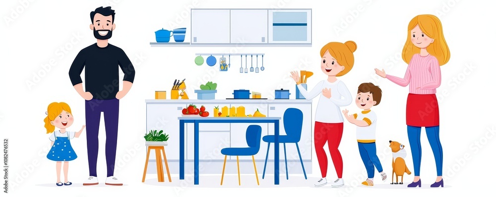 Modern cartoon illustration of mother and father getting acquainted with shy boy in dining room. Bright sunlight in window and caring love between family members. Modern cartoon illustration of mother and father getting acquainted with shy boy in dining room. Bright sunlight in window and caring love between family members.
