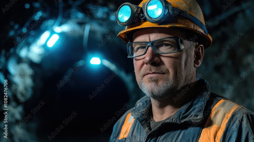 A miner wearing a helmet stands solemnly at the entrance of a dark mine tunnel, with blue lights providing a sharp contrast to the surrounding darkness A miner wearing a helmet stands solemnly at the entrance of a dark mine tunnel, with blue lights providing a sharp contrast to the surrounding darkness
