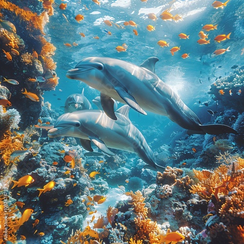 Group of dolphins swimming gracefully in the ocean