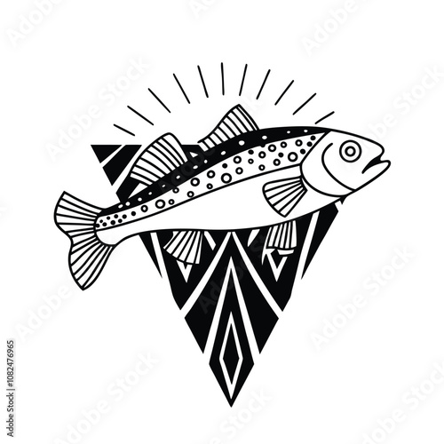 cod fish design, labeled line and fill art vector silhouette illustration.