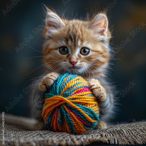Cute kitten playing with yarn ball