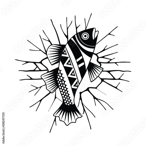 cod fish design, labeled line and fill art vector silhouette illustration.