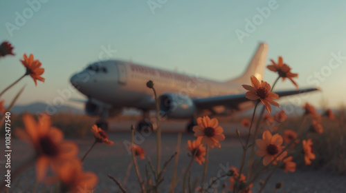 Old plane in a junkyard in the desert with flowers in the foreground, blurred image