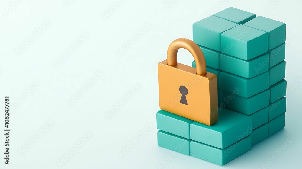 Obraz premium E-commerce Platform Security. A digital illustration of a padlock placed on teal blocks, symbolizing security and protection of data or valuable assets.