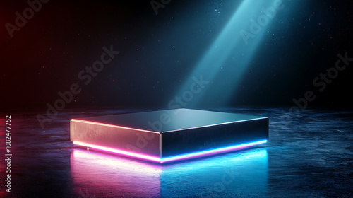 Square neon podium illuminated by glowing blue lines, creating futuristic atmosphere. dark background enhances vibrant colors, evoking sense of excitement and innovation