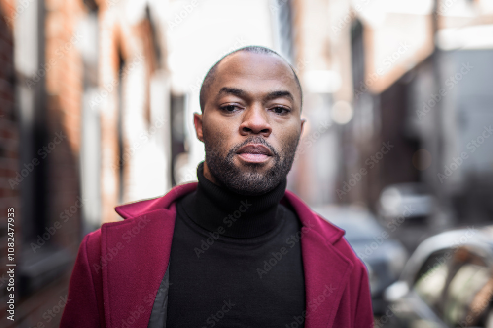 Fashion portrait of black man in city in modern spring or fall season outfit. Fashion portrait of black man in city in modern spring or fall season outfit.