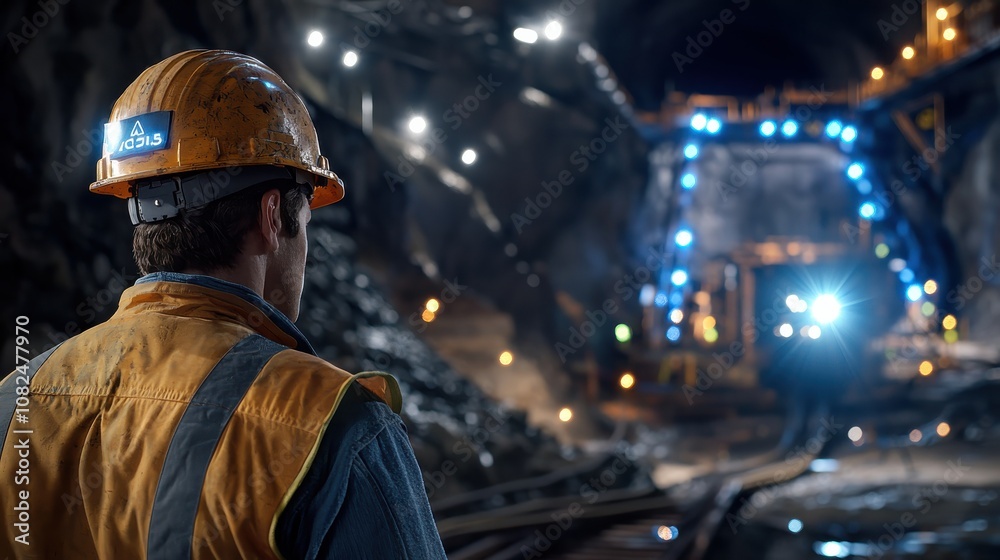 A lone miner, wearing a hard hat, stands in front of a dark tunnel entrance, where blue LED lights cast a mysterious glow, highlighting the treacherous path ahead