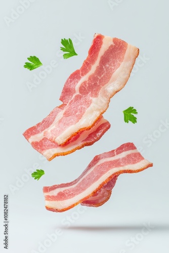 Freshly Cut Bacon Slices Floating in the Air Surrounded by Green Herbs on a Light Background for Culinary Concepts and Cooking Inspiration photo