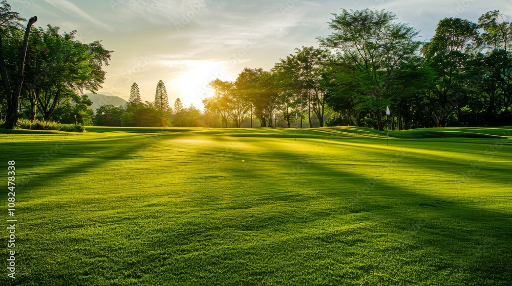A vibrant golf course bathed in morning sunlight, Well-maintained greens and fairways, Elegant outdoor style A vibrant golf course bathed in morning sunlight, Well-maintained greens and fairways, Elegant outdoor style