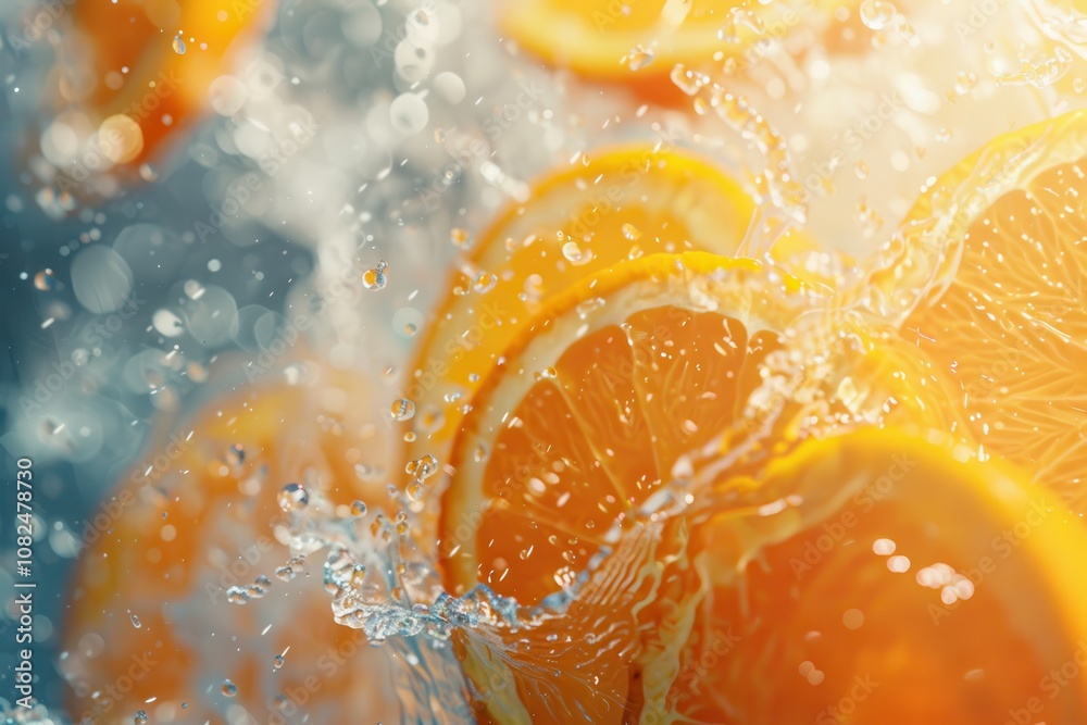 slide Orange Citrus Fruit splash. Juicy orange slices splash into water, creating a refreshing and vibrant scene filled with bright colors and dynamic movement.