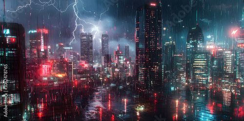 cityscape city downtown storm heavy rainfall thunderstorm lightning rain traffic road lights cars street rainy natural disaster rainstorm flooding destruction damage nature environment adverse weather