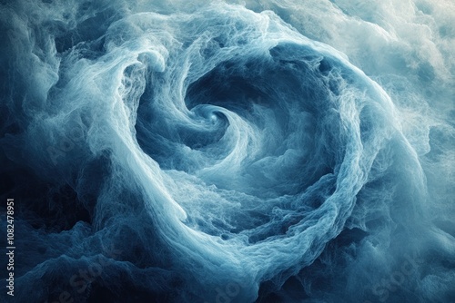 Abstract swirling blue and white smoke vortex.