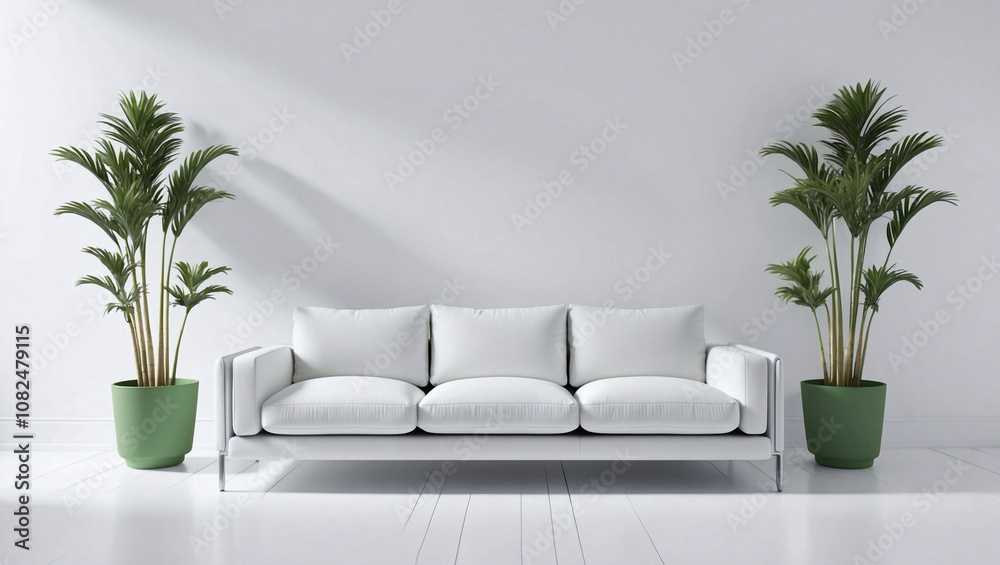 Minimalist interior with sleek white sofa, lush green plants, and harmonious design for a serene ambiance Minimalist interior with sleek white sofa, lush green plants, and harmonious design for a serene ambiance