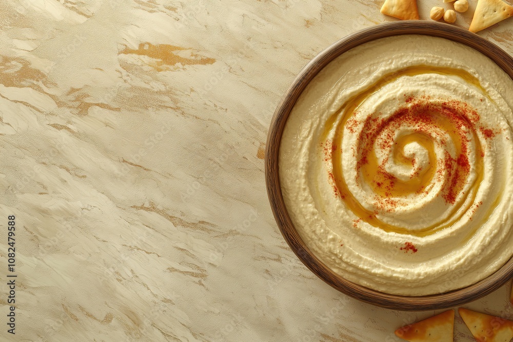 Creamy Hummus with Olive Oil Swirl, Chickpeas, Paprika, and Pita Triangles in Overhead View Creamy Hummus with Olive Oil Swirl, Chickpeas, Paprika, and Pita Triangles in Overhead View
