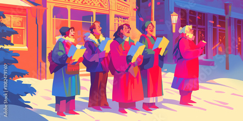 Snowy Christmas Street with Carolers: A charming, nostalgic illustration