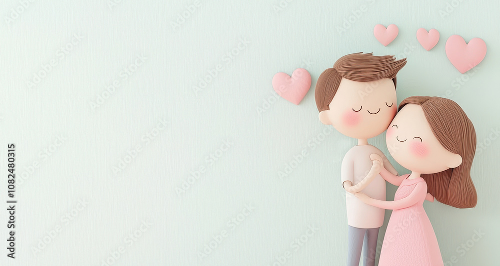 A charming illustration of a couple embracing, surrounded by heart shapes, symbolizing love and affection in a soft pastel setting. A charming illustration of a couple embracing, surrounded by heart shapes, symbolizing love and affection in a soft pastel setting.