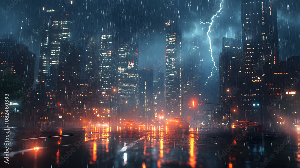 Obraz premium cityscape city downtown storm heavy rainfall thunderstorm lightning rain traffic road lights cars street rainy natural disaster rainstorm flooding destruction damage nature environment adverse weather