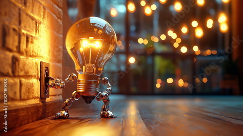 A robot-shaped light bulb plugs itself into a wall socket in a cozy interior with warm bokeh lighting, symbolizing creativity and self-powering energy. 
