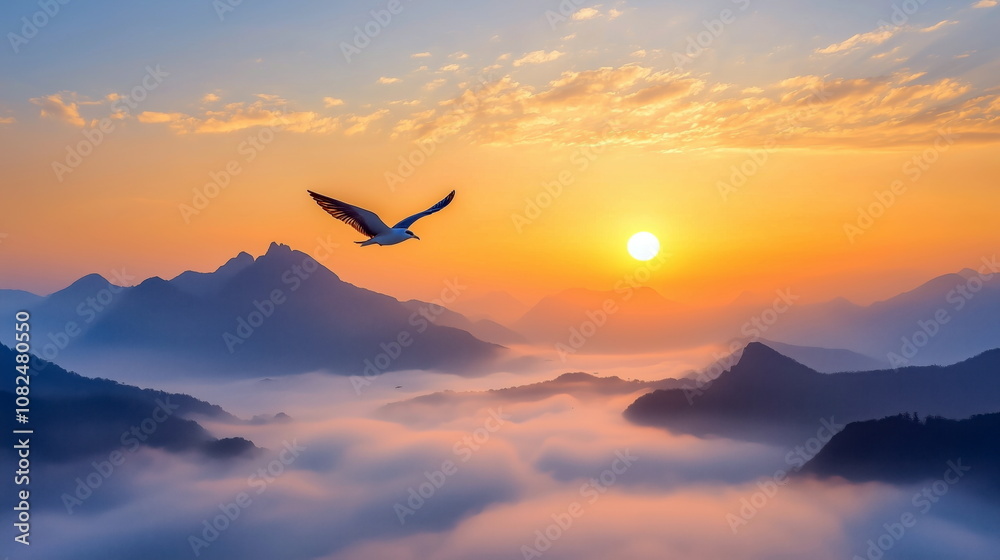 Fototapeta premium A lone bird soars high above a misty valley at dawn, symbolizing freedom and serenity against.