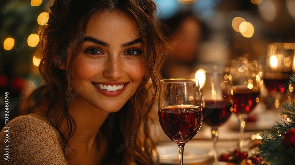A smiling woman at a festive table with wine glasses and decorations. A smiling woman at a festive table with wine glasses and decorations.