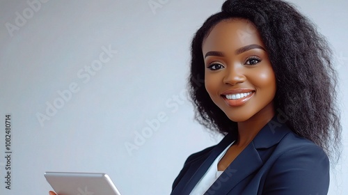 Young Businesswoman Exuding Confidence While Holding a Tablet, Perfectly Capturing the Essence of Modern Entrepreneurship and Professional Success photo