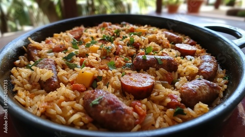 A close-up shot of a skillet filled with Cajun sausage and rice. photo