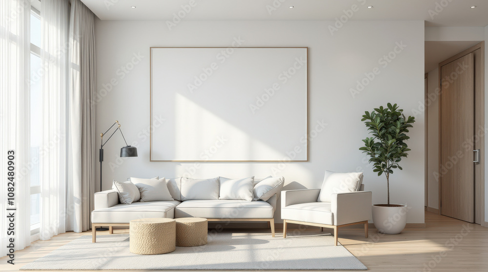 Modern Minimalist Living Room with Blank Art Mockup - Stylish Home Interior Decor Inspiration Modern Minimalist Living Room with Blank Art Mockup - Stylish Home Interior Decor Inspiration