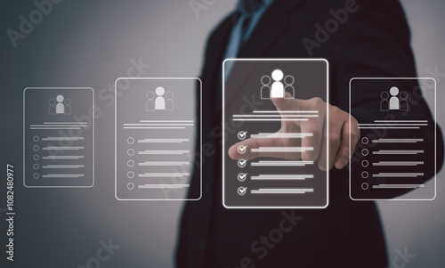 Human Resource Management (HR) concept: a businessman uses an interface for recruitment, leadership development, strategic customer targeting, company positions with precision and efficiency.	