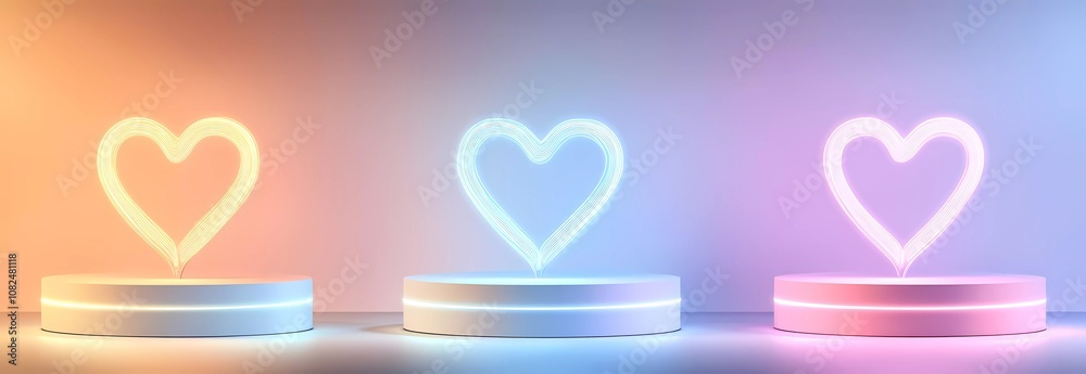 3D vector illustration set of podiums with heart-shaped neon line lights for product display presentation on a pastel color background. 3D vector illustration set of podiums with heart-shaped neon line lights for product display presentation on a pastel color background.