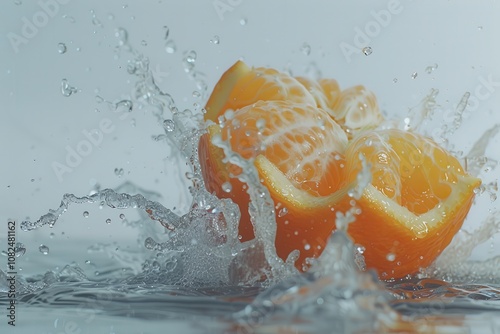 slide Orange Citrus Fruit splash. A vibrant orange splashes into clear water, creating dynamic droplets and ripples, capturing the freshness and zest of the fruit. photo